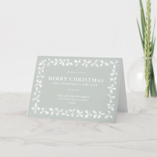 Gray Green Hand Printed Holly  Berries Border Holiday Card