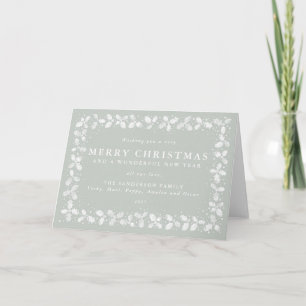 Gray Green Hand Printed Holly + Berries Border Holiday Card
