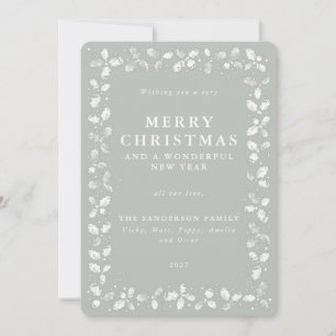 Gray-Green Hand Printed Holly Holiday Card
