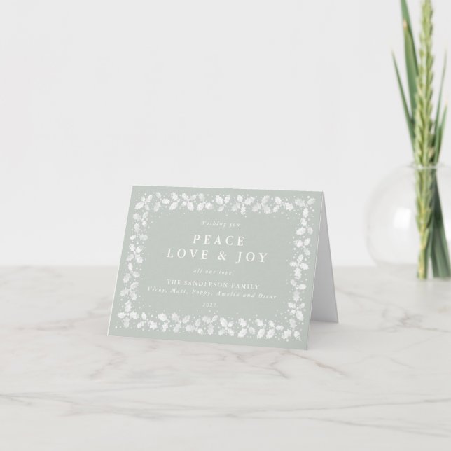 Gray Green Holly Leaves Peace Love & Joy Non Photo Holiday Card (Front)