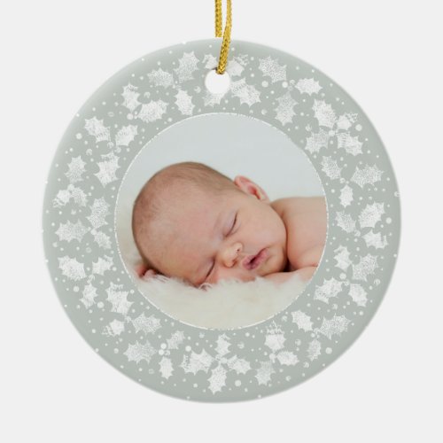 Gray Green Holly Wreath Christmas Photo  Message Ceramic Ornament