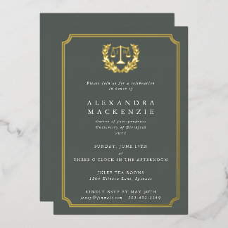 Gray-Green JD Law School Graduation Party Foil Invitation