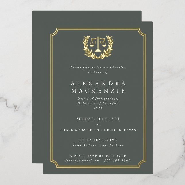 Gray-Green JD Law School Graduation Party Foil Invitation (Front/Back)