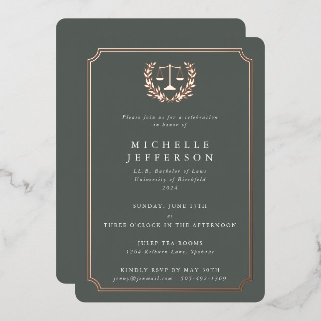 Gray-Green Law School Graduation Party Foil Invitation (Front/Back)