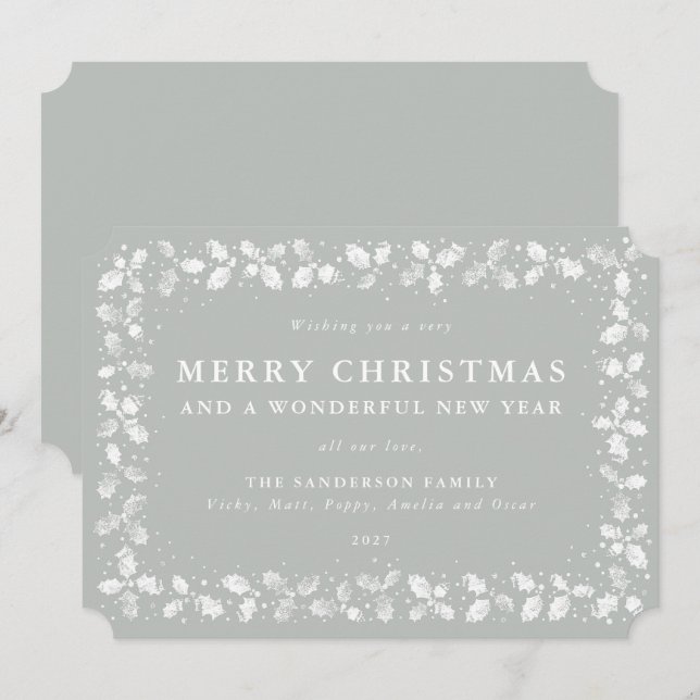 Gray-Green Lino Print Holly Merry Christmas Holiday Card (Front/Back)