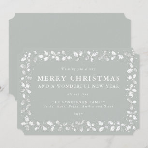 Gray-Green Lino Print Holly Merry Christmas Holiday Card