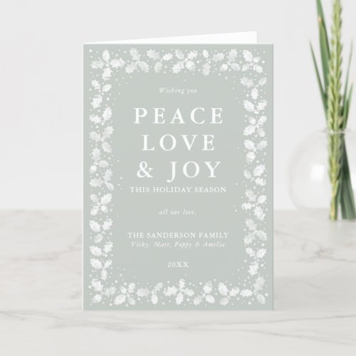 Gray Green Lino Print Holly Peace Love  Joy Holiday Card