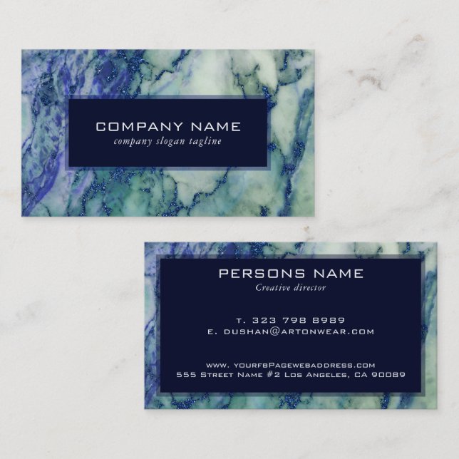 Gray & Green Marble Blue Glitter Accent Business Card (Front/Back)