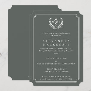 Gray-Green MD Asclepius + Laurel Wreath Graduation Invitation