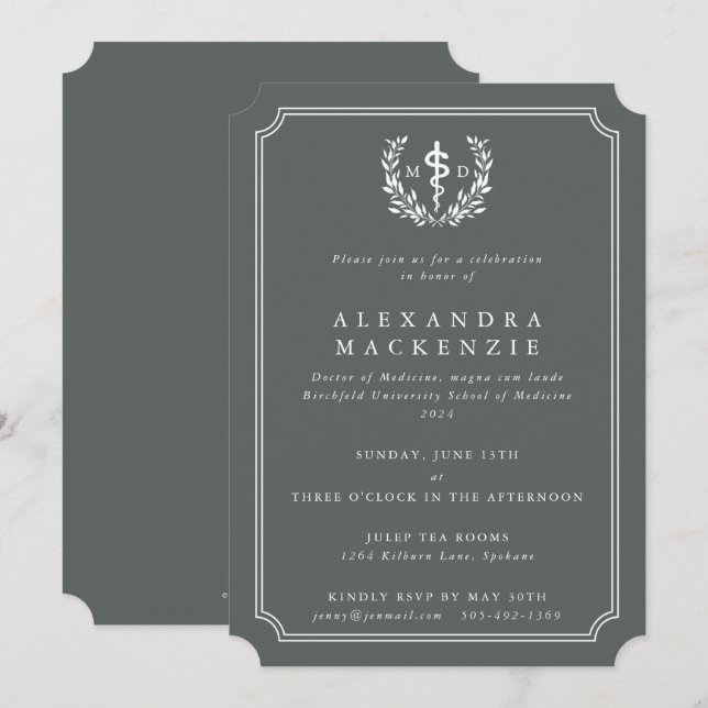 Gray-Green MD Asclepius + Laurel Wreath Graduation Invitation (Front/Back)