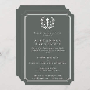 Gray-Green MD Asclepius + Laurel Wreath Graduation Invitation