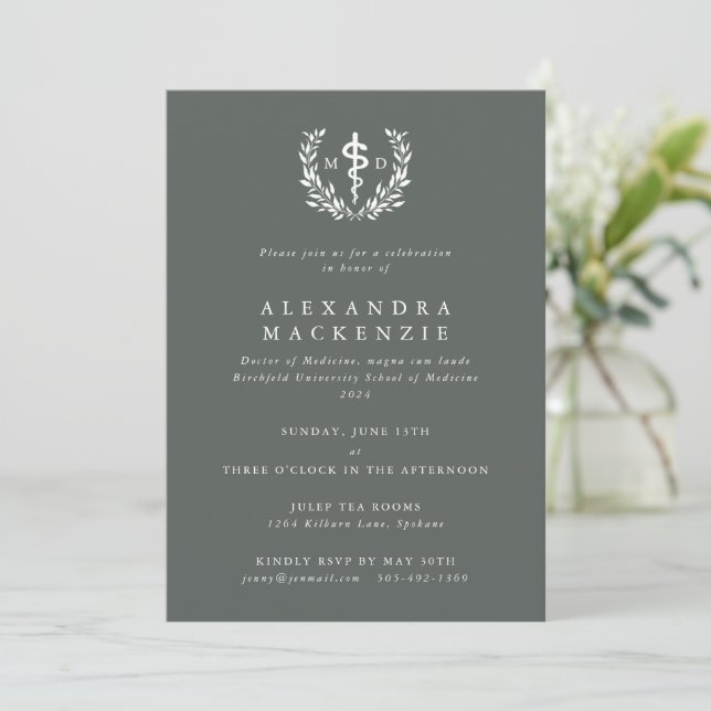 Gray-Green MD Asclepius + Laurel Wreath Graduation Invitation (Standing Front)