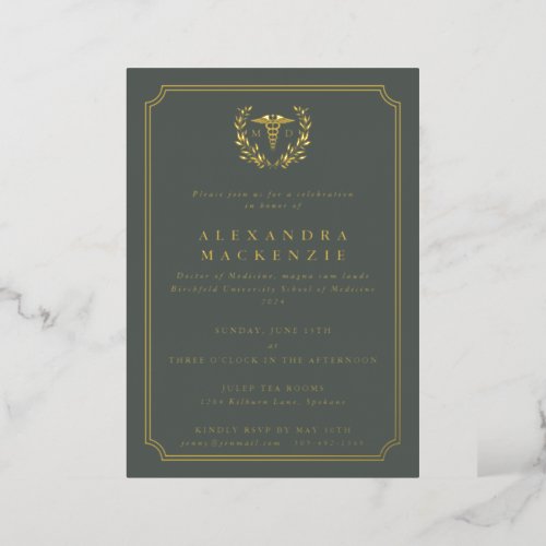 Gray_Green MD CaduceusLaurel Wreath Graduation Foil Invitation