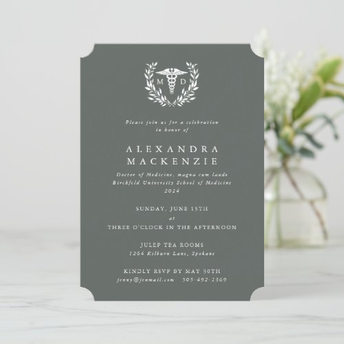 Gray_Green MD CaduceusLaurel Wreath Graduation Invitation