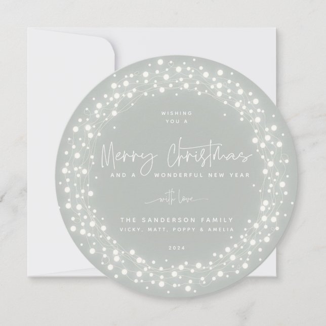 Gray-Green Merry Christmas Script Sparkling Lights Holiday Card (Front)
