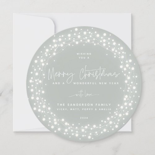 Gray_Green Merry Christmas Script Sparkling Lights Holiday Card