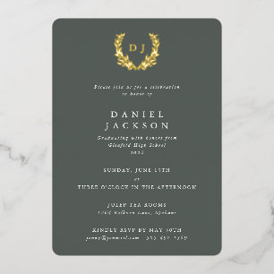 Gray-Green Monogram + Laurel Wreath Graduation Foil Invitation