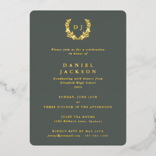 Gray-Green Monogram + Laurel Wreath Graduation Foil Invitation