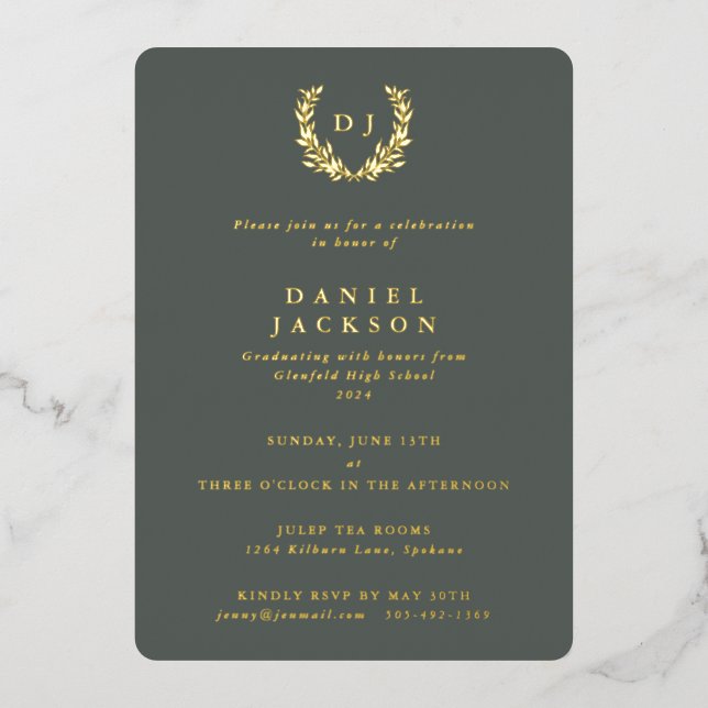 Gray-Green Monogram + Laurel Wreath Graduation Foil Invitation (Front)