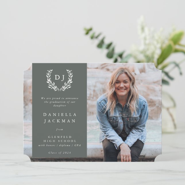 Gray-Green Monogram Laurel Wreath Graduation Photo Announcement (Standing Front)