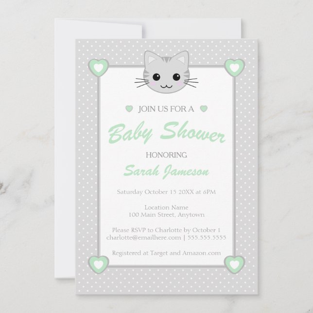 Gray Green Neutral Cute  Kawaii Cat Baby Shower Invitation (Front)
