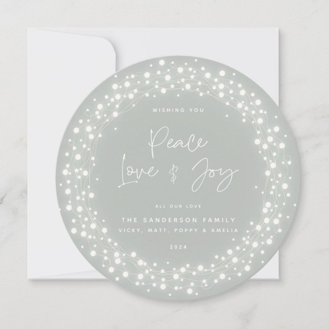 Gray-Green Peace Love+Joy Script Sparkling Lights Holiday Card (Front)