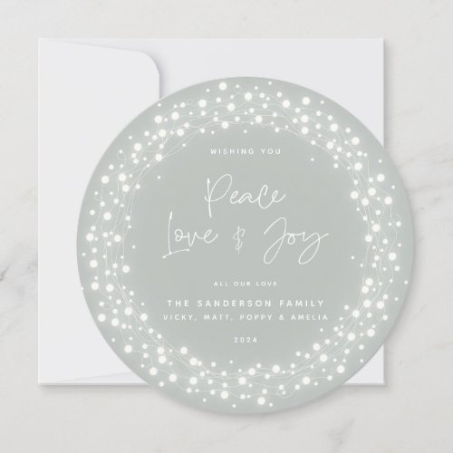 Gray_Green Peace LoveJoy Script Sparkling Lights Holiday Card