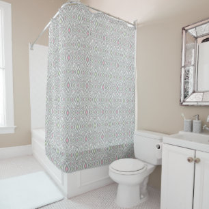 Gray, green, pink rhombuses on a white shower curtain