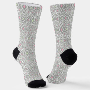Gray, green, pink rhombuses on a white socks