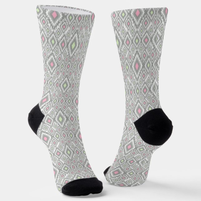Gray, green, pink rhombuses on a white socks (Angled)
