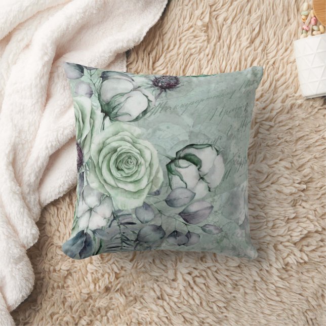 Gray/Green Roses Throw Pillow (Blanket)