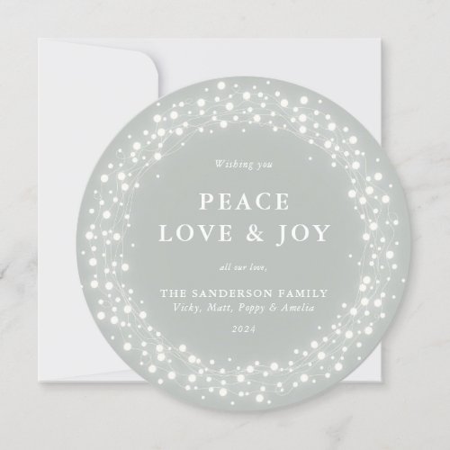 Gray_Green Round Sparkling Lights Peace Love  Joy Holiday Card