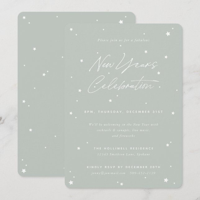 Gray Green Script Scattered Stars New Year' Party Invitation (Front/Back)