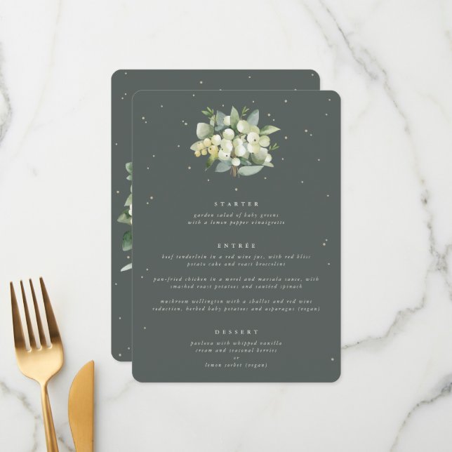 Gray Green Snowberry+Eucalyptus 3 Course Wedding Menu (Front/Back In Situ)