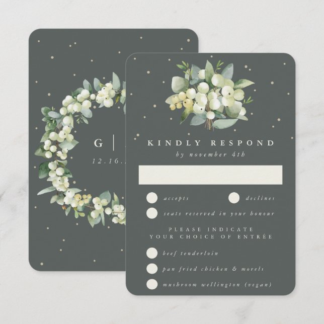 Gray Green Snowberry+Eucalyptus Bouquet Wedding RSVP Card (Front/Back)