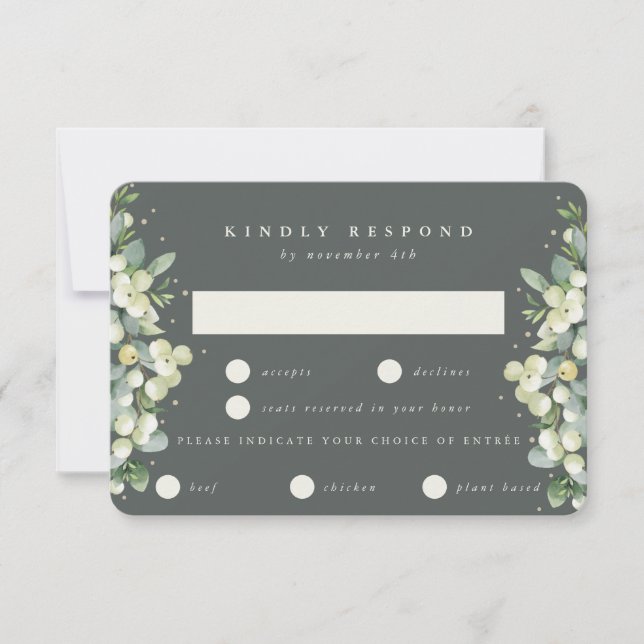 Gray Green Snowberry+Eucalyptus Edged Wedding RSVP Card (Front)