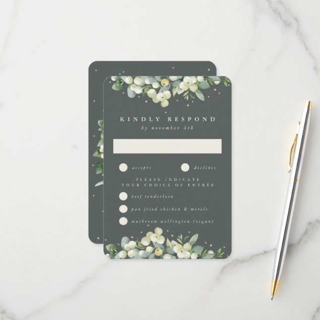 Gray Green Snowberry+Eucalyptus Edged Wedding RSVP Card (Front/Back In Situ)
