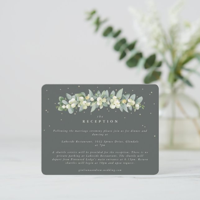 Gray Green Snowberry+Eucalyptus Garland Reception Enclosure Card (Standing Front)