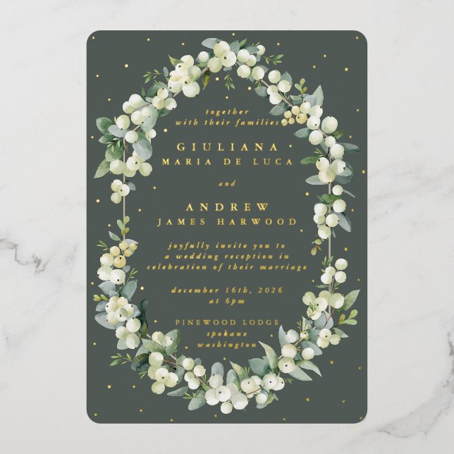Gray Green Snowberry+Eucalyptus Reception Only Foil Invitation (Front)