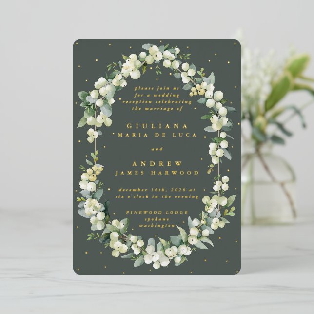 Gray Green Snowberry+Eucalyptus Reception Only  Foil Invitation (Standing Front)