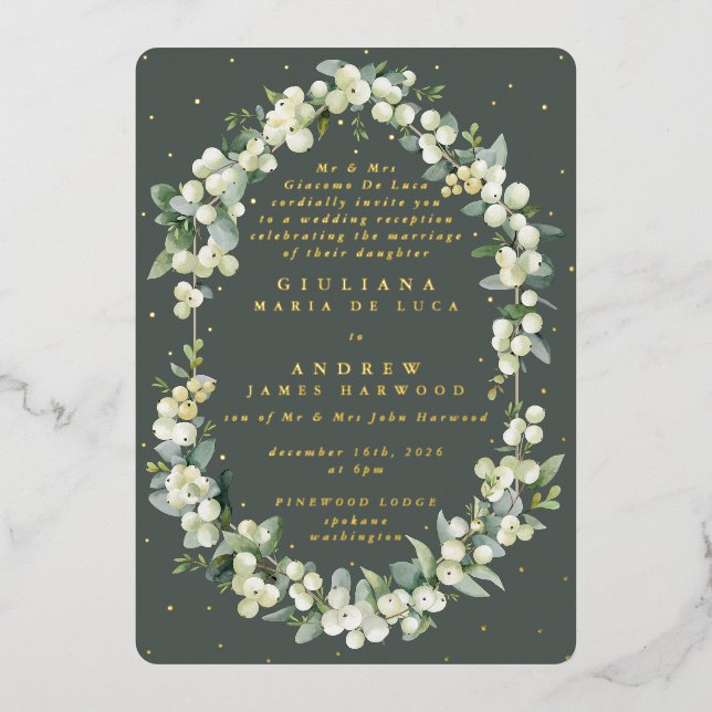 Gray Green Snowberry+Eucalyptus Reception Only Foil Invitation (Front)