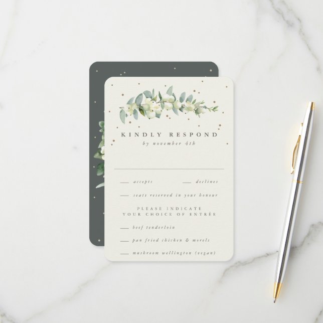 Gray Green Snowberry+Eucalyptus Stem Wedding RSVP Card (Front/Back In Situ)