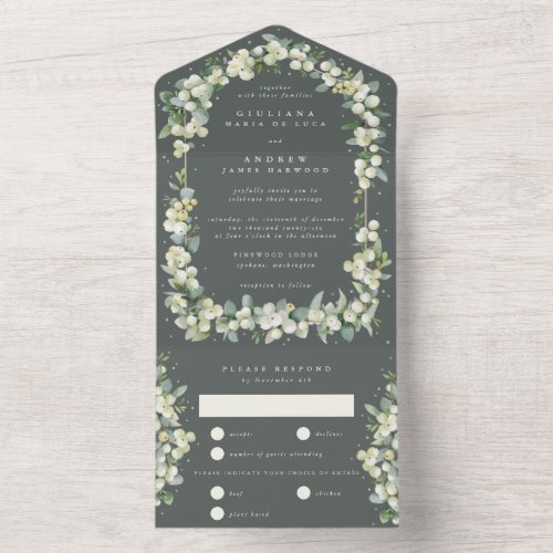 Gray Green Snowberry  Eucalyptus Wedding All In One Invitation