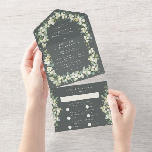 Gray Green Snowberry  Eucalyptus Wedding All In One Invitation