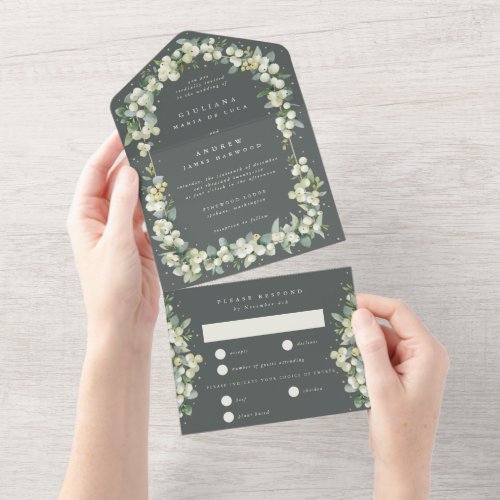 Gray Green SnowberryEucalyptus Wedding All In One Invitation