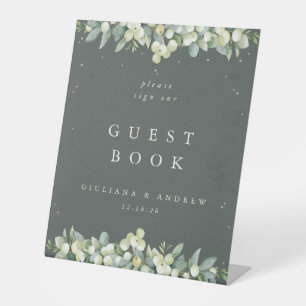 Gray Green Snowberry+Eucalyptus Wedding Guest Book Pedestal Sign