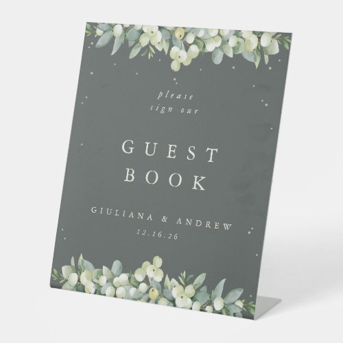 Gray Green SnowberryEucalyptus Wedding Guest Book Pedestal Sign