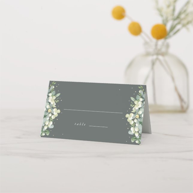 Gray Green Snowberry+Eucalyptus Wedding Place Card (Front)
