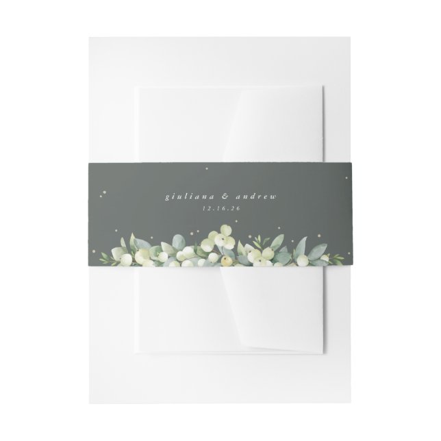 Gray Green Snowberry+Eucalyptus Wedding Portrait Invitation Belly Band (Front Example)