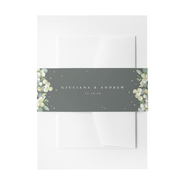 Gray Green Snowberry+Eucalyptus Wedding Portrait Invitation Belly Band (Front Example)